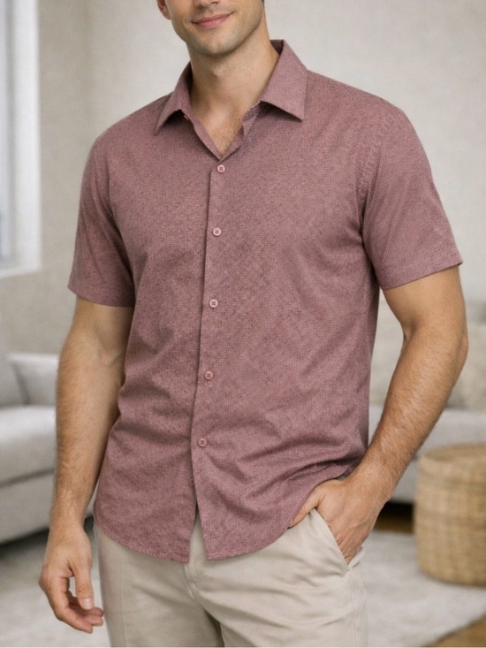 01.Algo Other - Gridtech Performance Short-Sleeve Button-Up Shirt in Dusty Rose